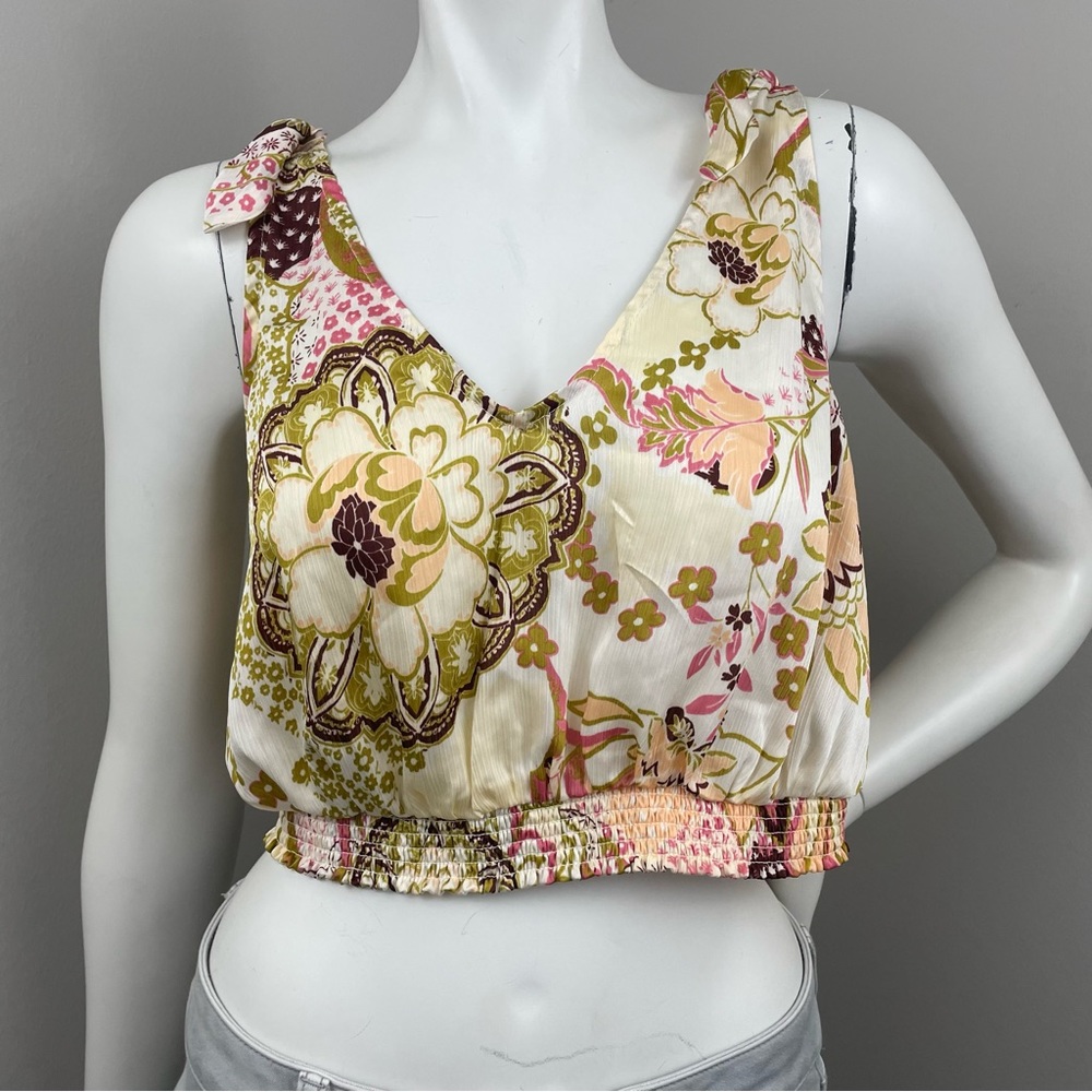 NWT FREE PEOPLE Weekend in Montauk Cami Floral Print Cropped Tie Strap Tank